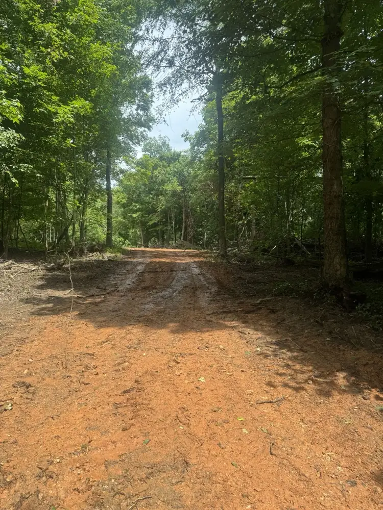 New access road cut through the woods, red clay base graded smooth