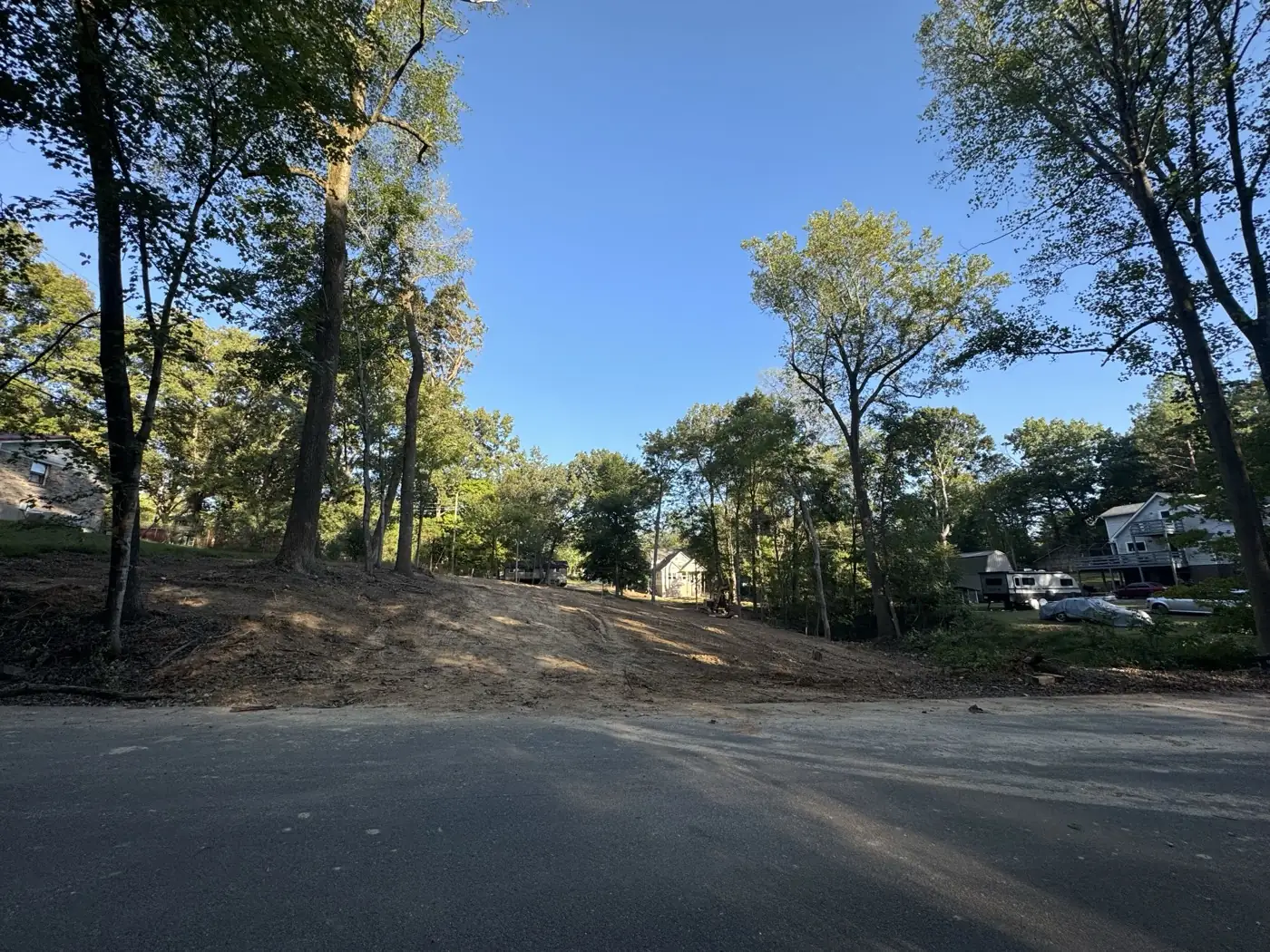 Residential lot cleared down to bare dirt with the trees along the road left standing