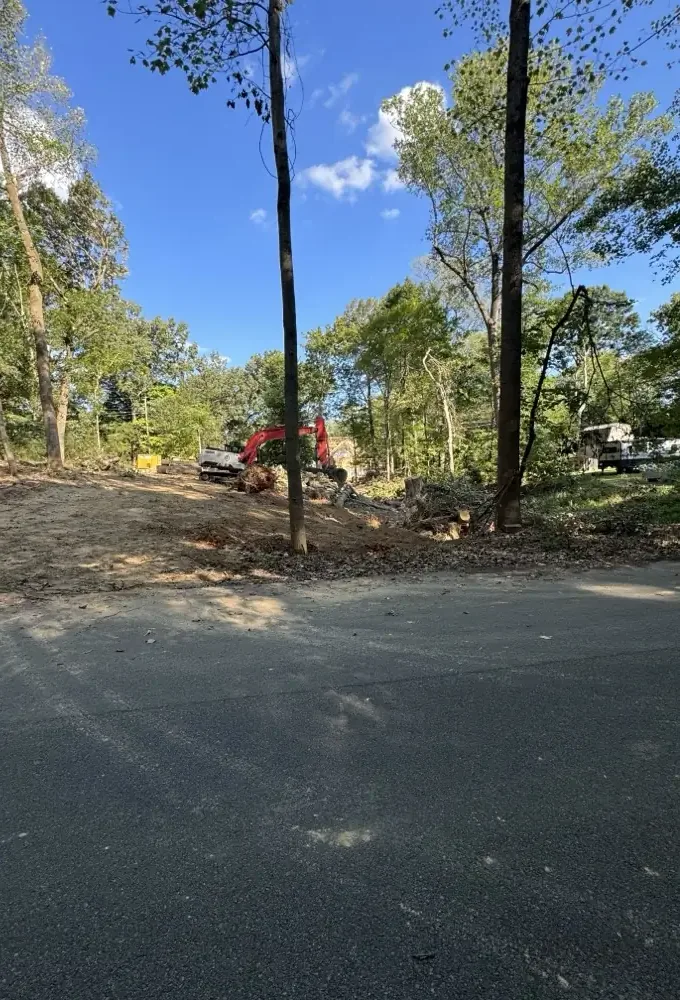 Excavation contractor serving Coopertown, TN: excavator at the back of a freshly cleared roadside lot