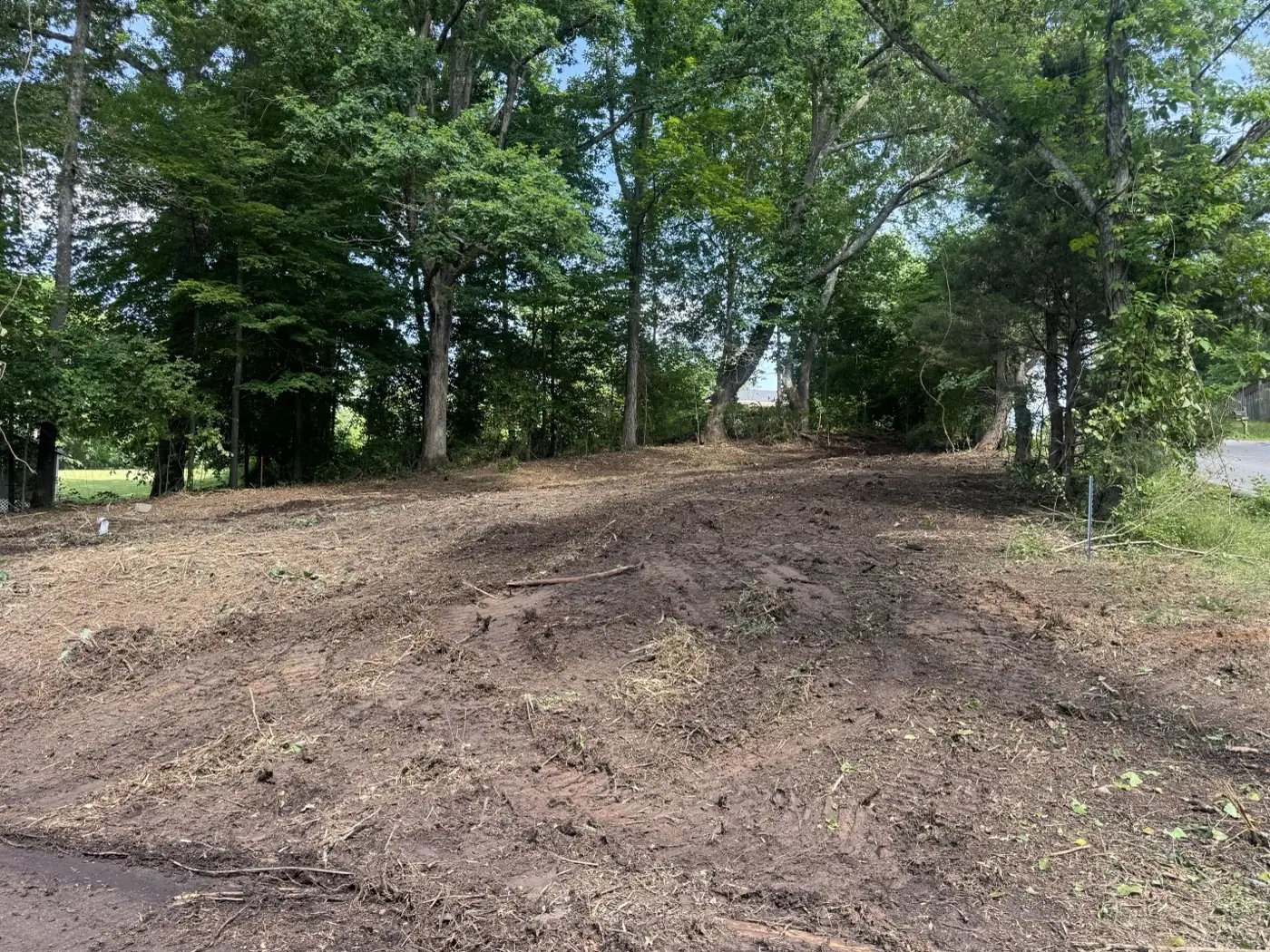 Lot graded to bare dirt after site prep, trees kept at the edges