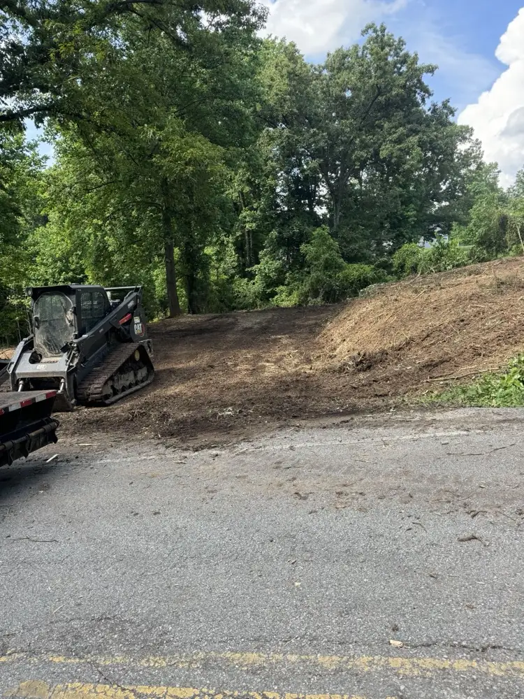 Skid steer on a cleared lot at a new driveway entrance
